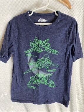OshKosh originals Navy t shirt with Neon Green Fighter Jet Graphics